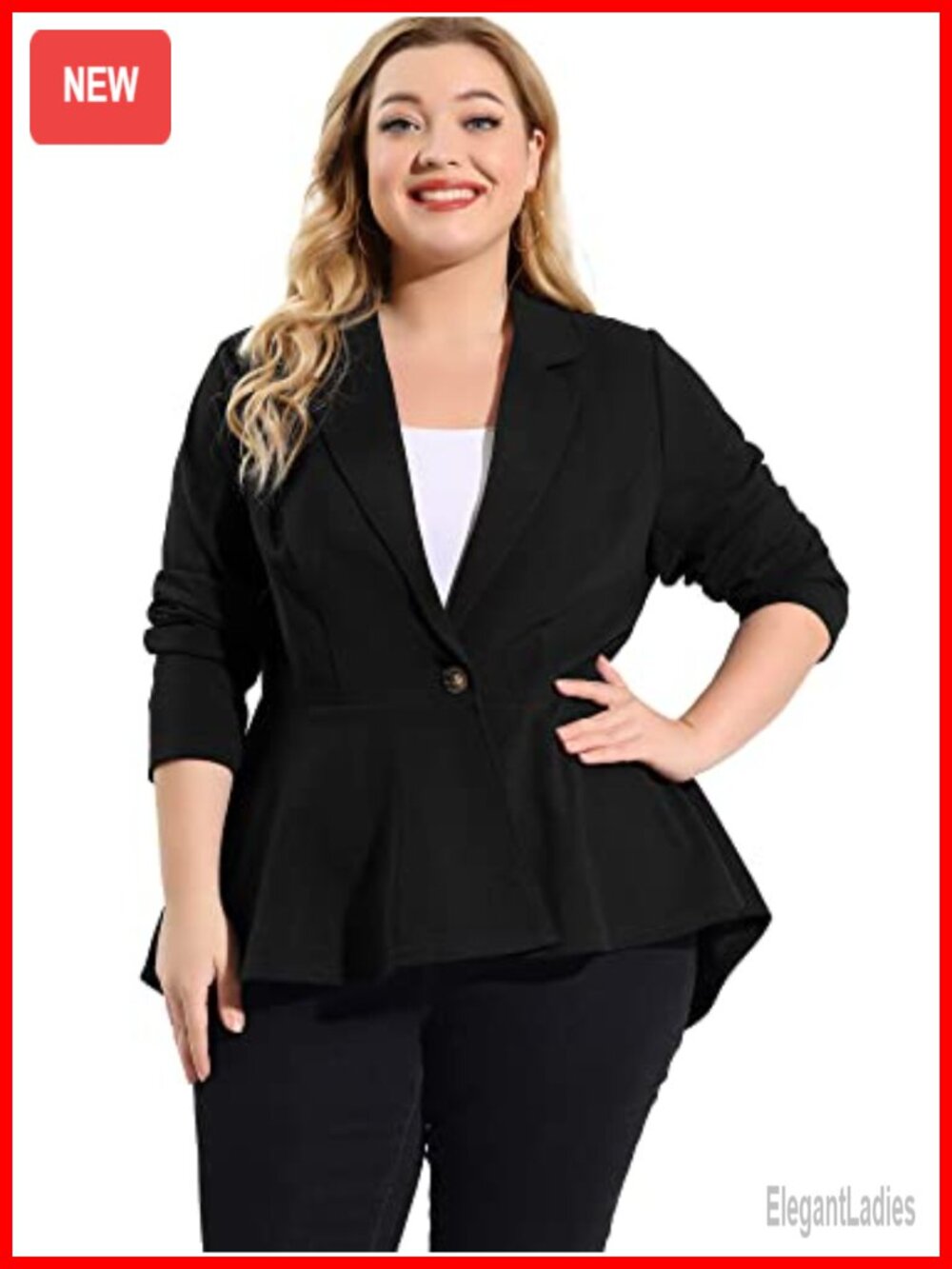 Plus Size Peplum Work Blazer Notch Lapel Long Sleeve Button Business Jacket